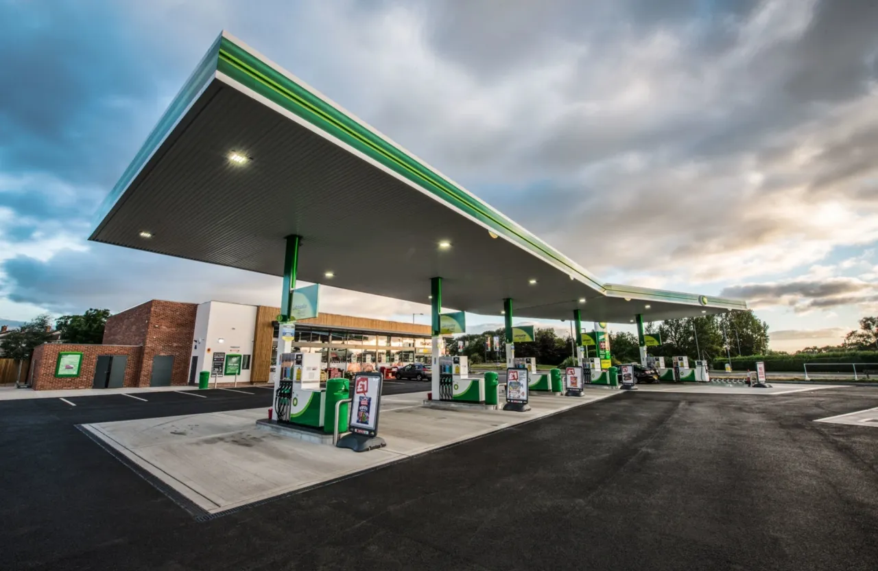 Pump islands at dusk — Valli Forecourts